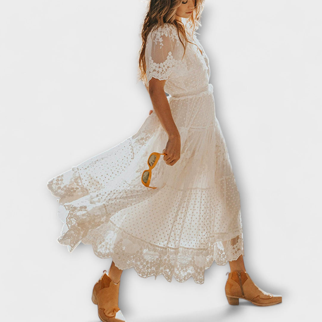 Helena - Lacey Midi Dress with V-Neck