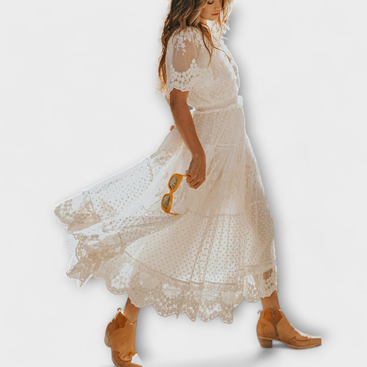 Helena - Lacey Midi Dress with V-Neck