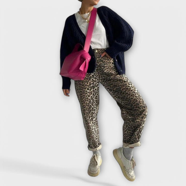 Clara - Vintage Denim Trousers with Leopard Print