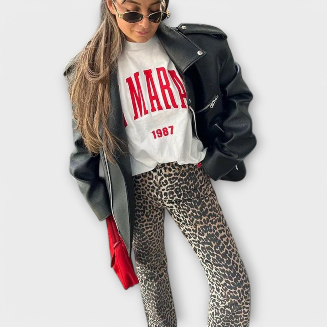 Clara - Vintage Denim Trousers with Leopard Print
