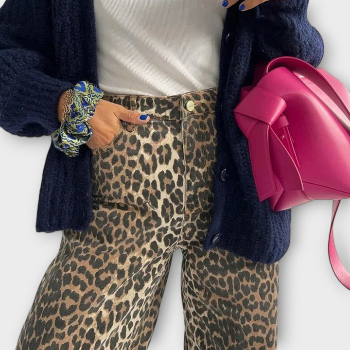 Clara - Vintage Denim Trousers with Leopard Print