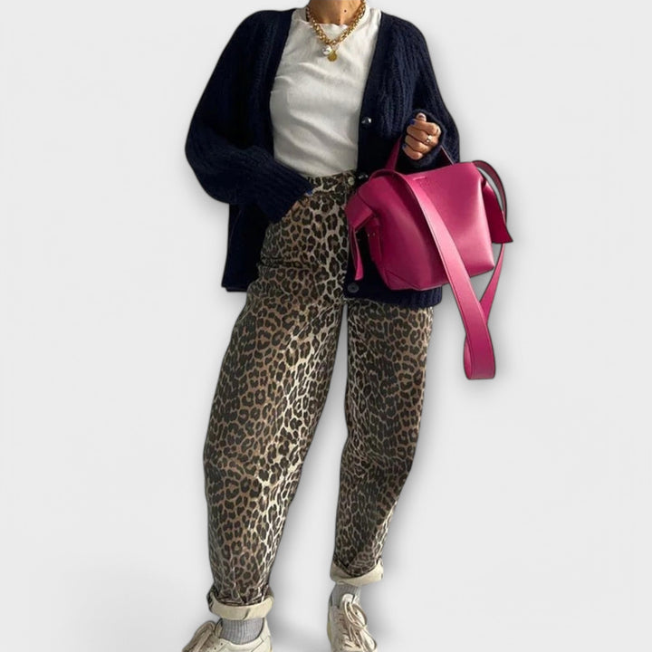 Clara - Vintage Denim Trousers with Leopard Print