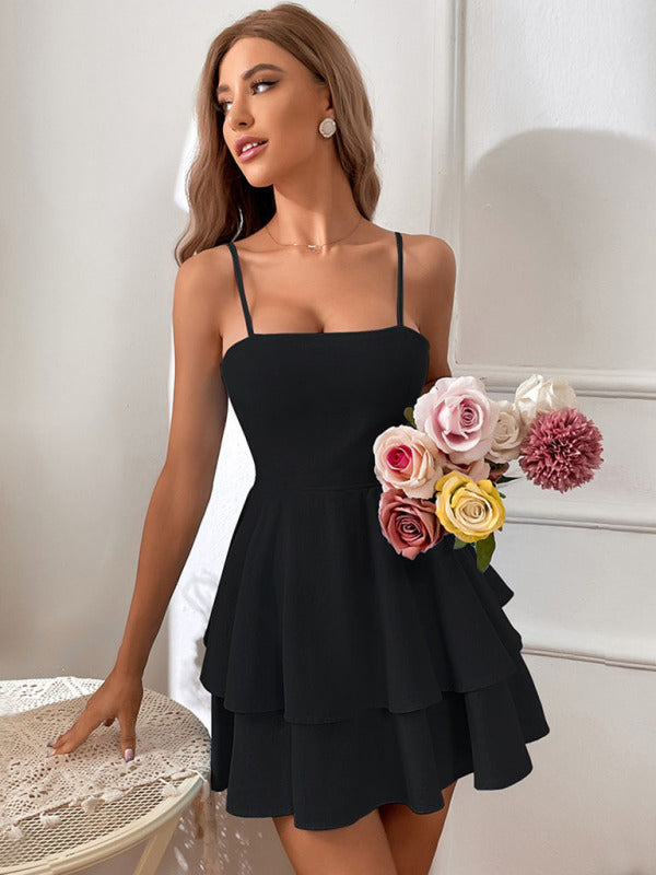Alice - Backless Mini Dress with Bow Straps and Layered Skirt