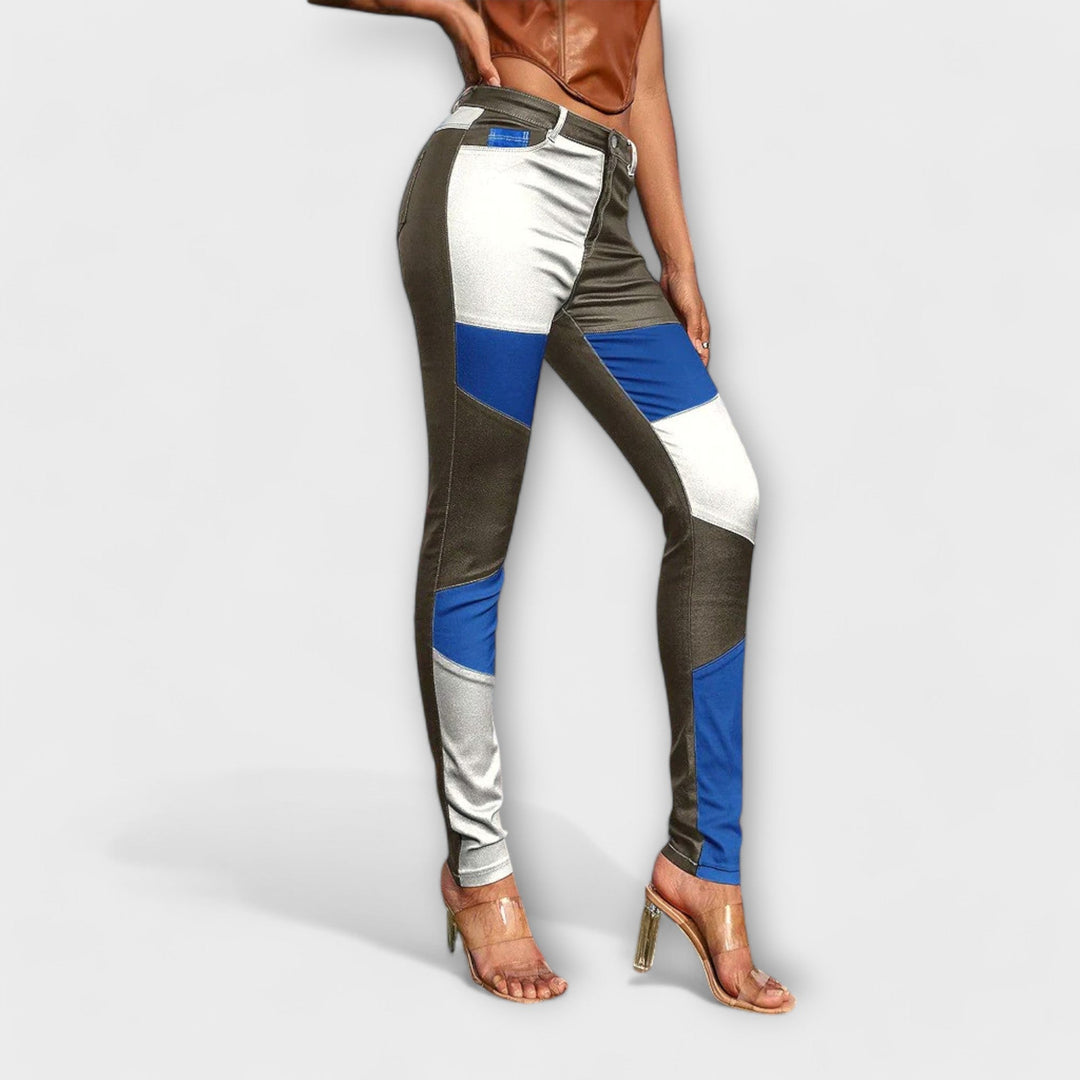 Amelie - Slim Fit Trousers with Colour Block Pattern
